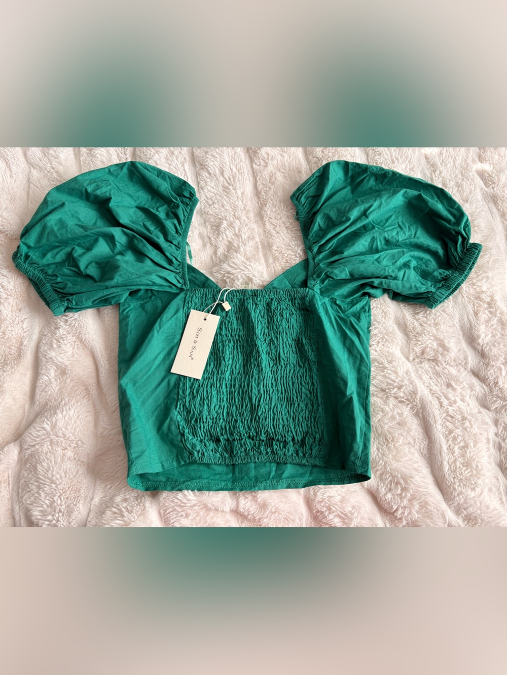 Sia & Sam Emerald Green Puff Sleeve Crop Top - Picture 2 of 3